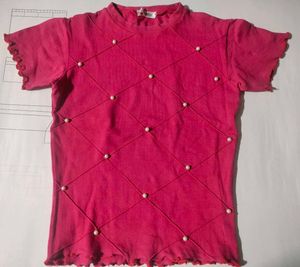 Chic Pearl Embellished Red T-Shirt