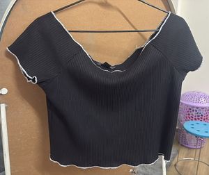 Black Ribbed Off-Shoulder Crop Top