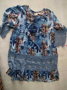 Boho Floral Print chrochet dusty blueTrim Tunic