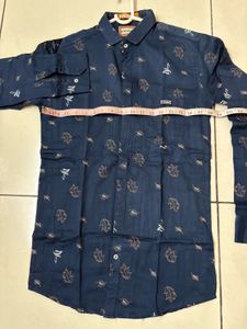 Slimfit Blue Leaf Print Casual Shirt