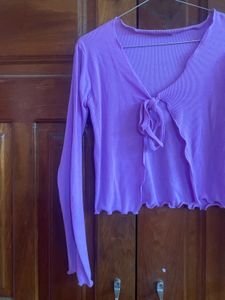 Lavender Tie-Front Ribbed Long Sleeve Top