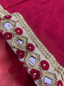 Elegant Coral Saree with Mirror Work