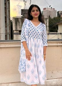 Blue & White Print Kurti + Dupatta Set