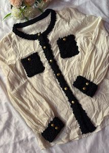 Chic Cream & Black Textured Button-Up Blouse