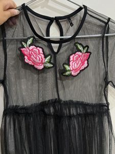 Sheer Black Mesh Top with Rose Appliques