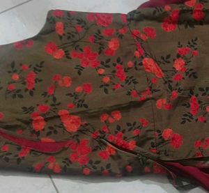 Olive Floral Kurta With Maroon Skirt Set