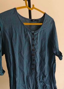 Teal Linen Blend Button-Up Kurti