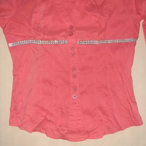 🤍 Chic Coral Embellished Button-Up Blouse