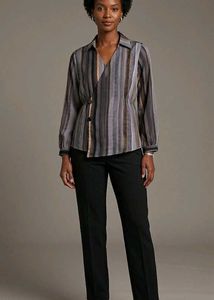 Striped Wrap Blouse with Button Detail