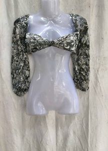 44209. Sheer Floral Print Long Sleeve Crop Top