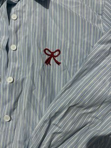 Blue Striped Shirt with Red Bow