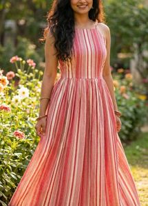 Pink Colour Vero Moda Cotton Striped Midi Dress