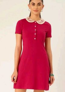 Cute Maroon Dress with Embroidered Lace Collar