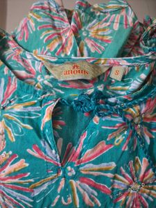 Blue Floral Print Kurta with Striped Pants