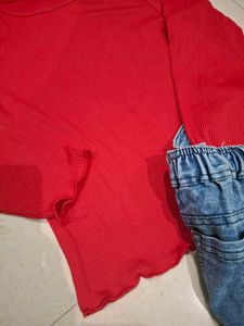 Red Ribbed Lettuce Hem Top