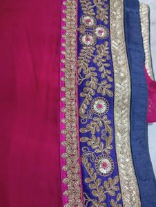 Stunning Pink Saree with Blue &amp; Gold Border