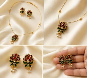 3D Exquisite Lotus Design Necklace &amp; Earrings Set