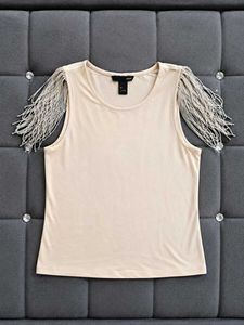 ✨ H&M Beige Fringe Shoulder Top