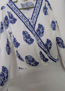 White Blue Print Wrap Top.