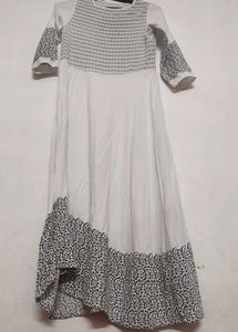 Elegant White Anarkali Kurti with Black Print