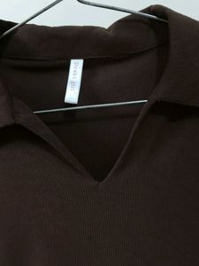 Brown Collared Long Sleeve Top