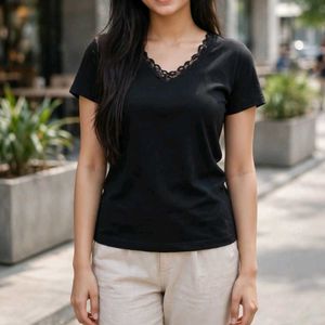 Classic Black Lace Trim V-Neck Tee