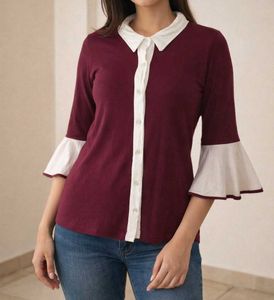 Stylish Burgundy & White Flared Sleeve Top