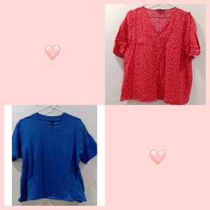 Bundle: Red Polka Dot Blouse & Blue T-Shirt