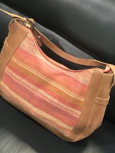 Leather And Jute Striped Handbag