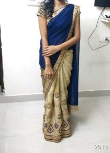 Elegant Gold &amp; Navy Blue Saree from Soch