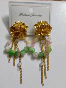 Gold Rose Beaded Dangle Earrings