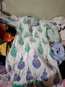 Stylish White Kurta with Blue & Green Print
