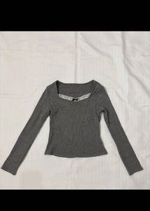 savana Grey Ribbed Lace Trim Top with Bow