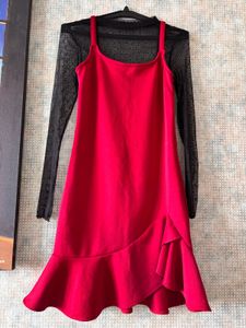 Chic Red Dress with Black Mesh Top