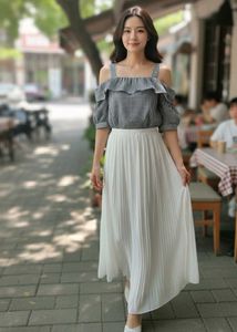 Chic Off-Shoulder Gingham , Pleated Skirt like mi
