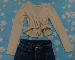 Cream Wrap Style Long Sleeve Top