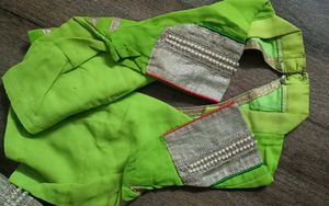 light green saree with white worked patch and golden lace with stitched blouse💚