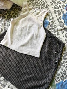 Ribbed Tank Top & Plaid Skirt Set