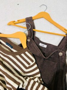 Women's Striped Long Sleeve Top &amp; Brown Overalls