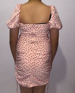 Pink Polka Dot Ruched Mini Dress
