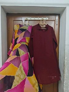 Vibrant Block Print Kurta with Maroon Top