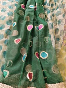 Bottle Green Colour Netted Saree