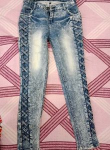 Distressed Blue Denim Jeans with Lattice Detail