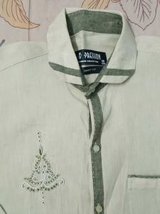 Men's Beige Kurta with Green Accents