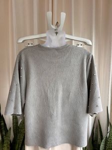Zara chic Grey Studded Crewneck Top