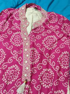 Silai Bandhej Pink Embroidery  Kurta with Sahara Bottom