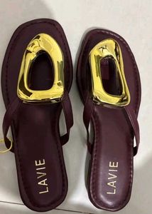 Stylish Burgundy Flat Sandals with Gold Buckle