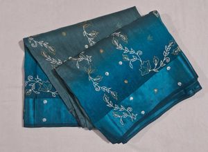 Elegant Teal Ombre Saree with Floral Embroidery