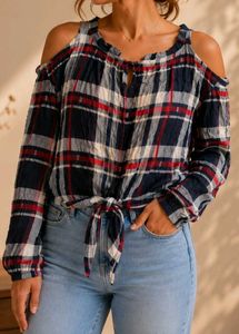 🎀200rs SALE🎀Cold Shoulder Plaid Tie-Front top