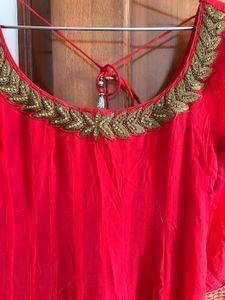 Red Anarkali Gown with Gold Embroidery
